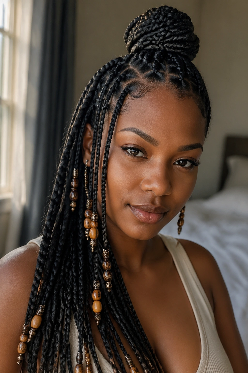 Close-up portrait of a woman wearing a half-up top knot with dangling beads in knotless braids