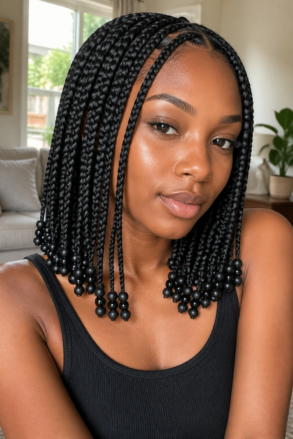 Close-up of knotless braids with small black bead clusters at the ends