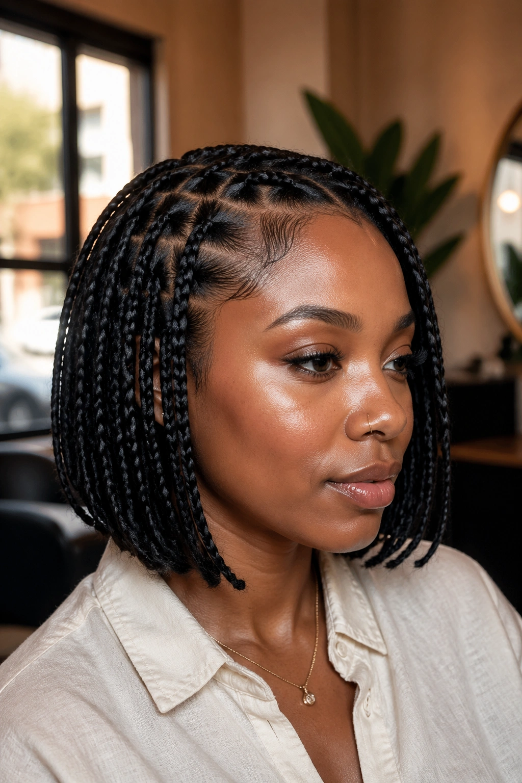 Close-up of real woman with chin-length knotless braided bob in natural light