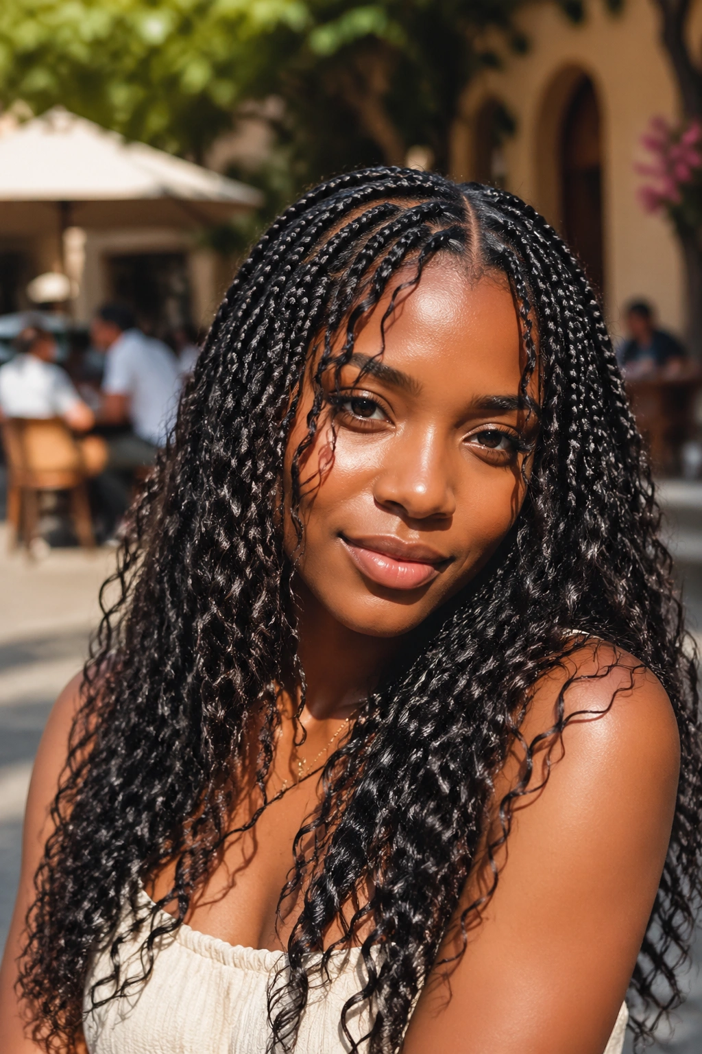 Real woman wearing knotless braids with loose curls in a cafe courtyard setting.