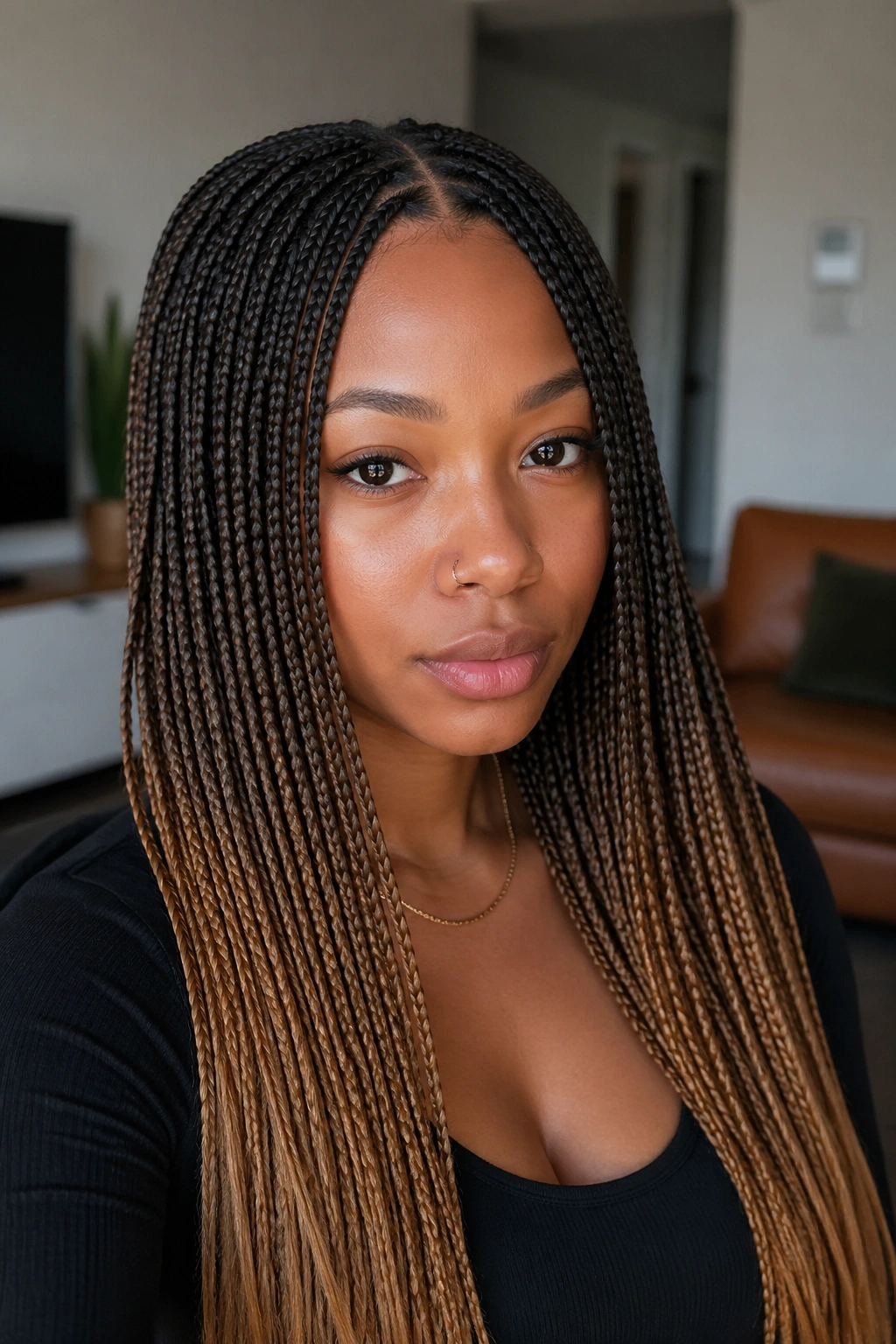 Close-up of a real woman with caramel ombré knotless braids
