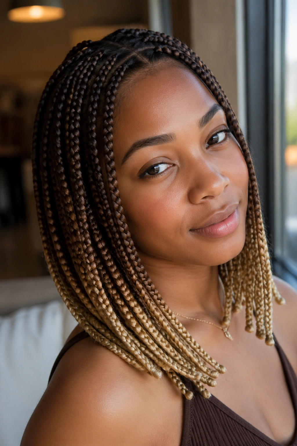 Close-up of a real person with chestnut-root knotless braids and blonde ends.