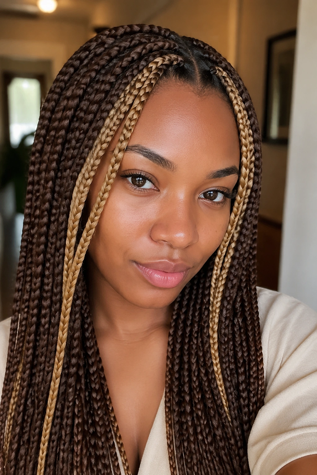 Real person with knotless braids chestnut and blonde frames framing the face.