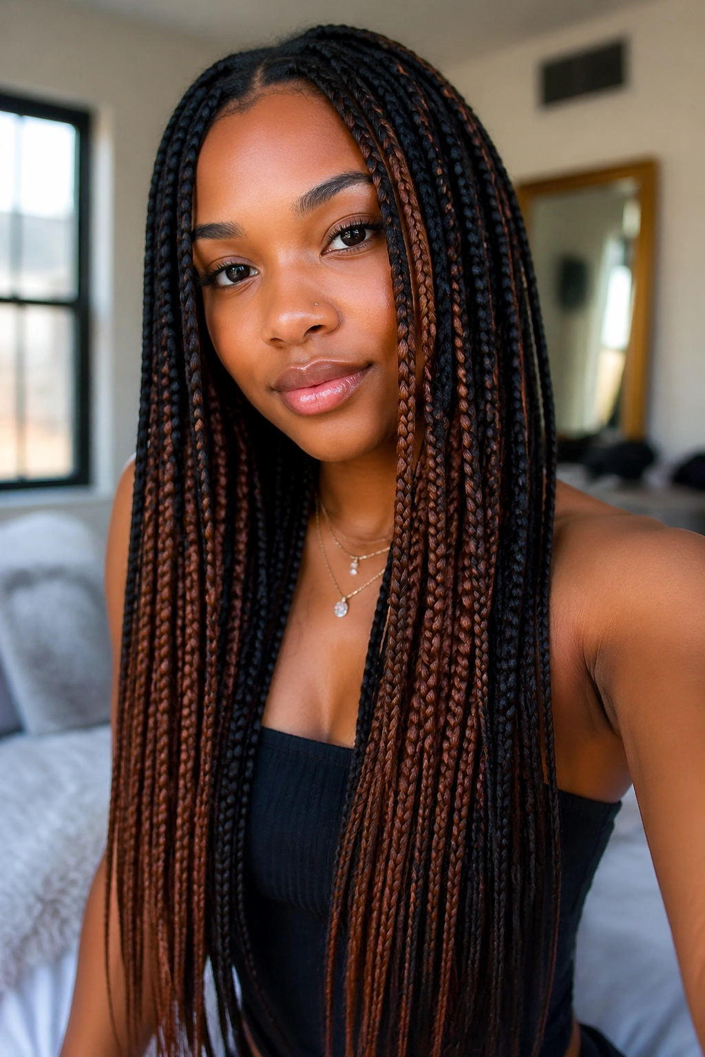 Close-up portrait of chestnut brown peekaboo knotless box braids on waist-length ends