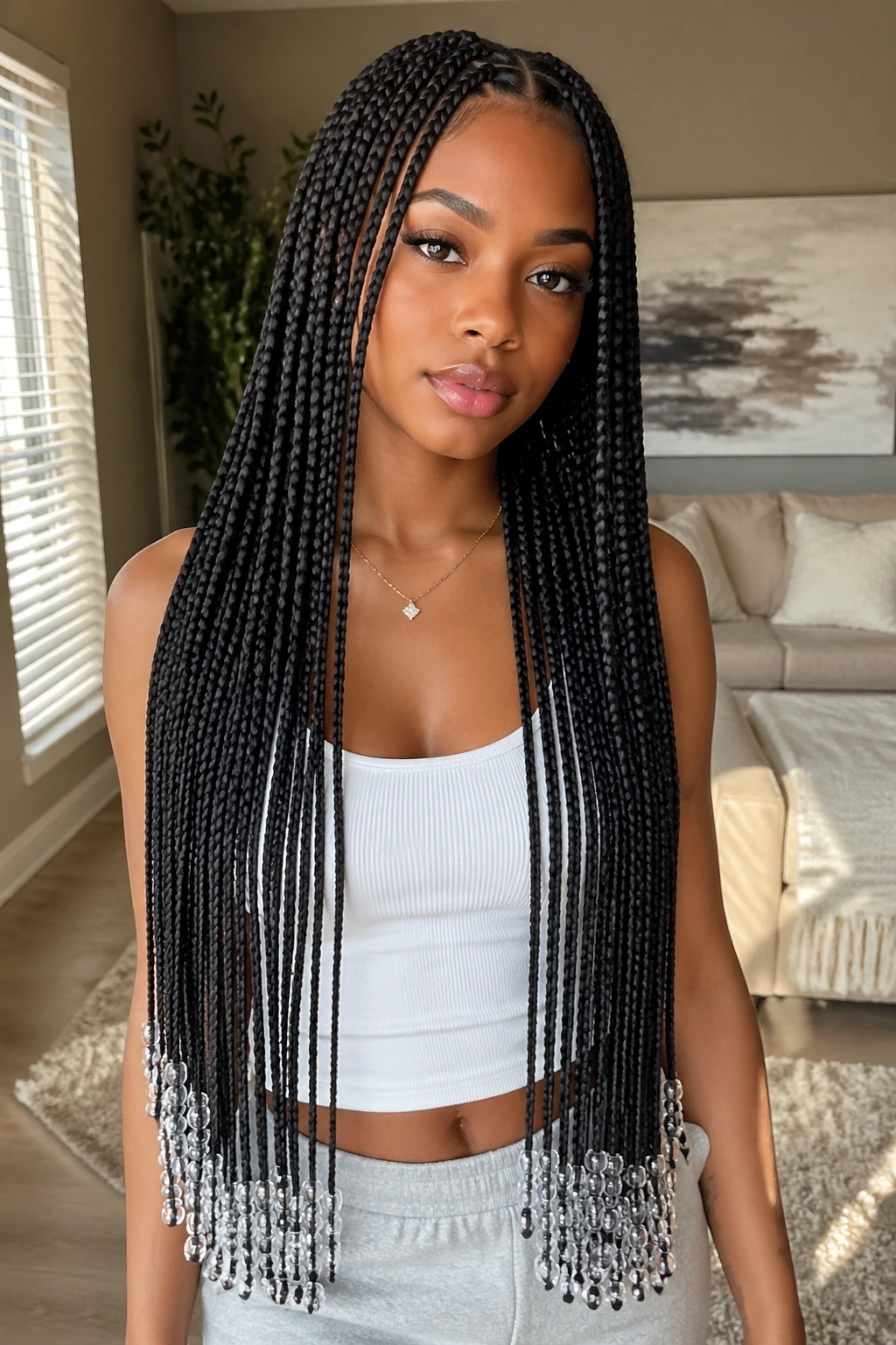 Close-up portrait of a real woman with waist-length knotless box braids ending in clear beads