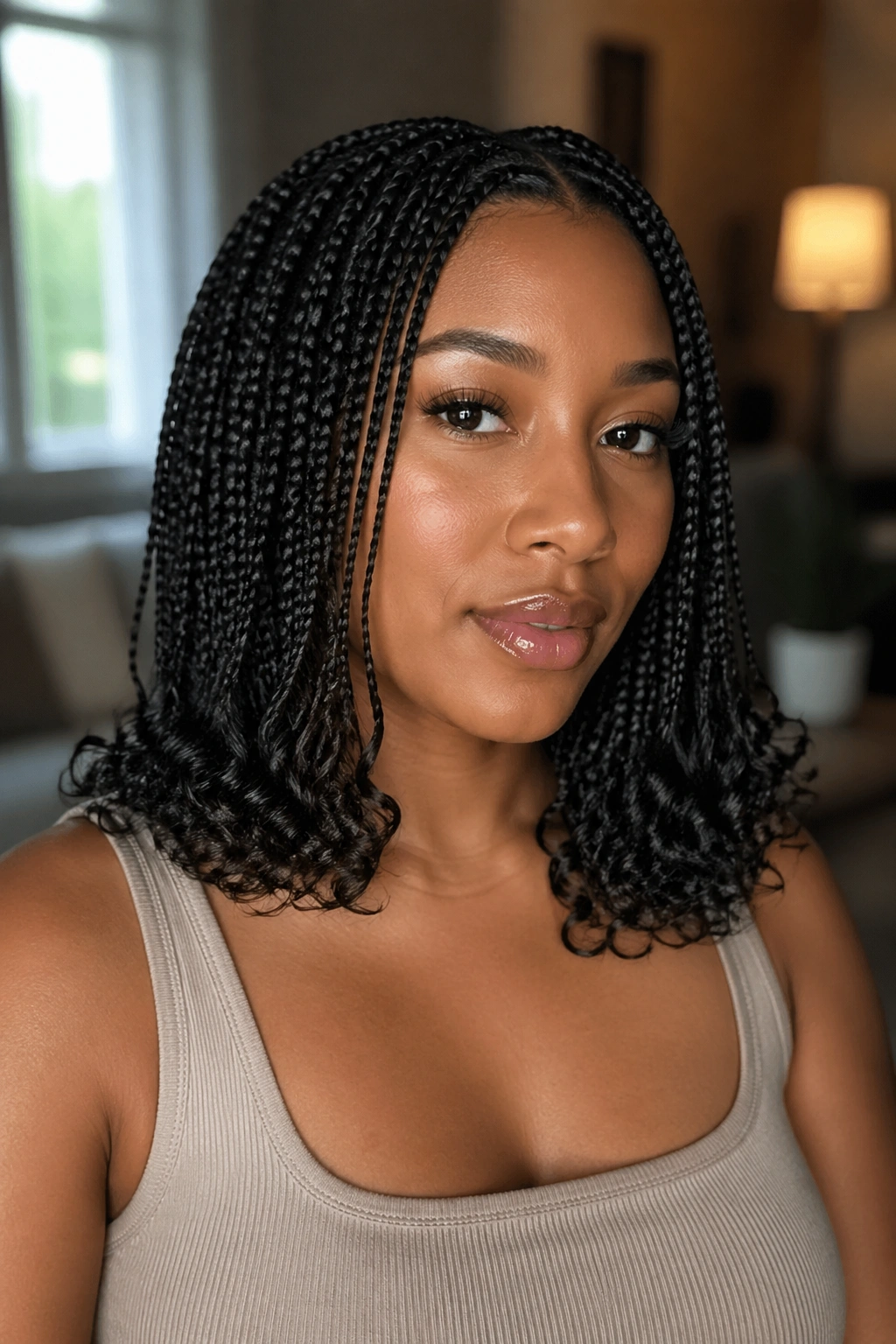Close-up of a real woman with collarbone-length knotless box braids and curly ends 2–4 inches past the ends framing the face