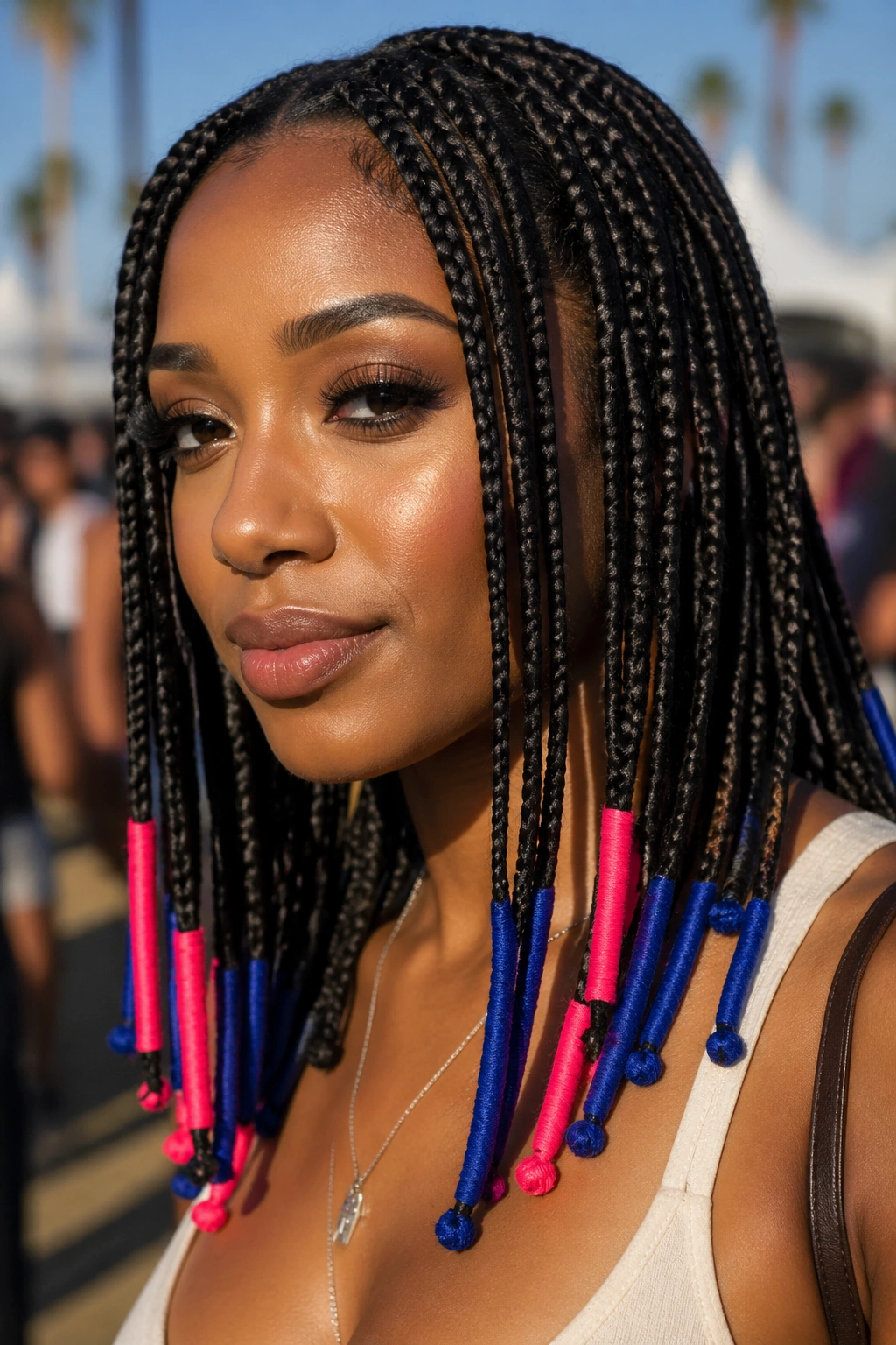 Close-up of knotless braids with colored thread ends on a real person