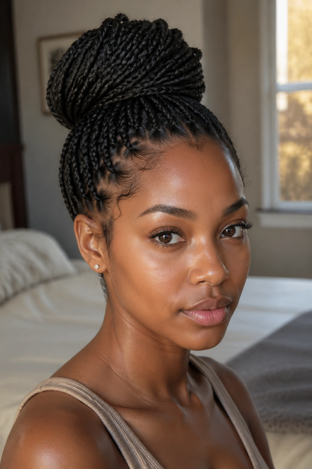 Close-up portrait of a woman with a crown knotless bun on top, natural window light