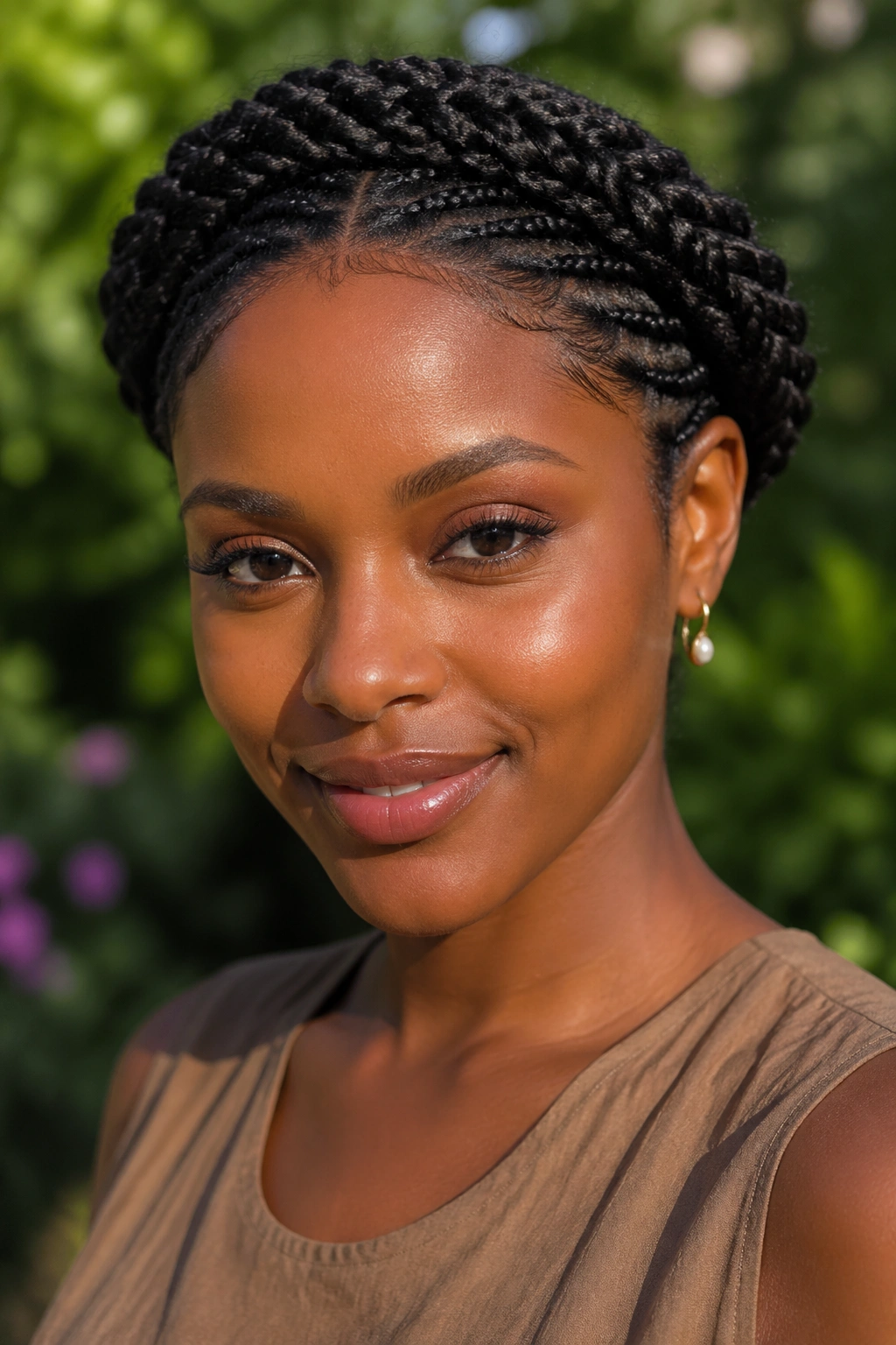 Close-up of a woman with a braided crown halo in knotless braids outdoors