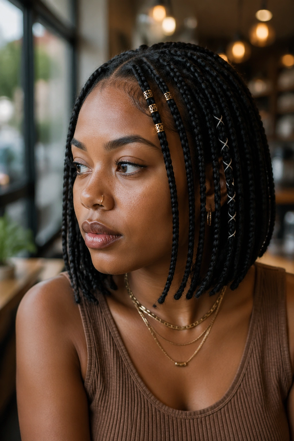 Close-up of a real woman with short knotless braids featuring cuffs and thread accents.