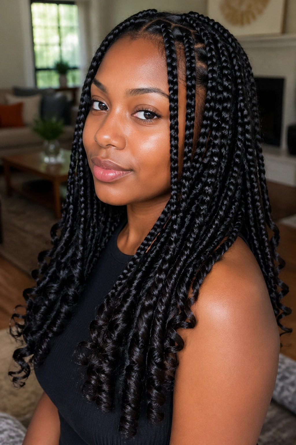 Close-up of real woman with knotless braids and curled ends on Type 4 hair