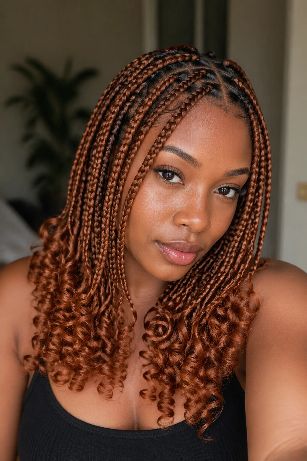 Real person with knotless braids ending in curls in ginger color.