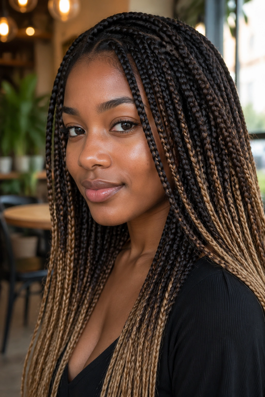Knotless box braids with espresso roots and honey-blonde tips on a real person