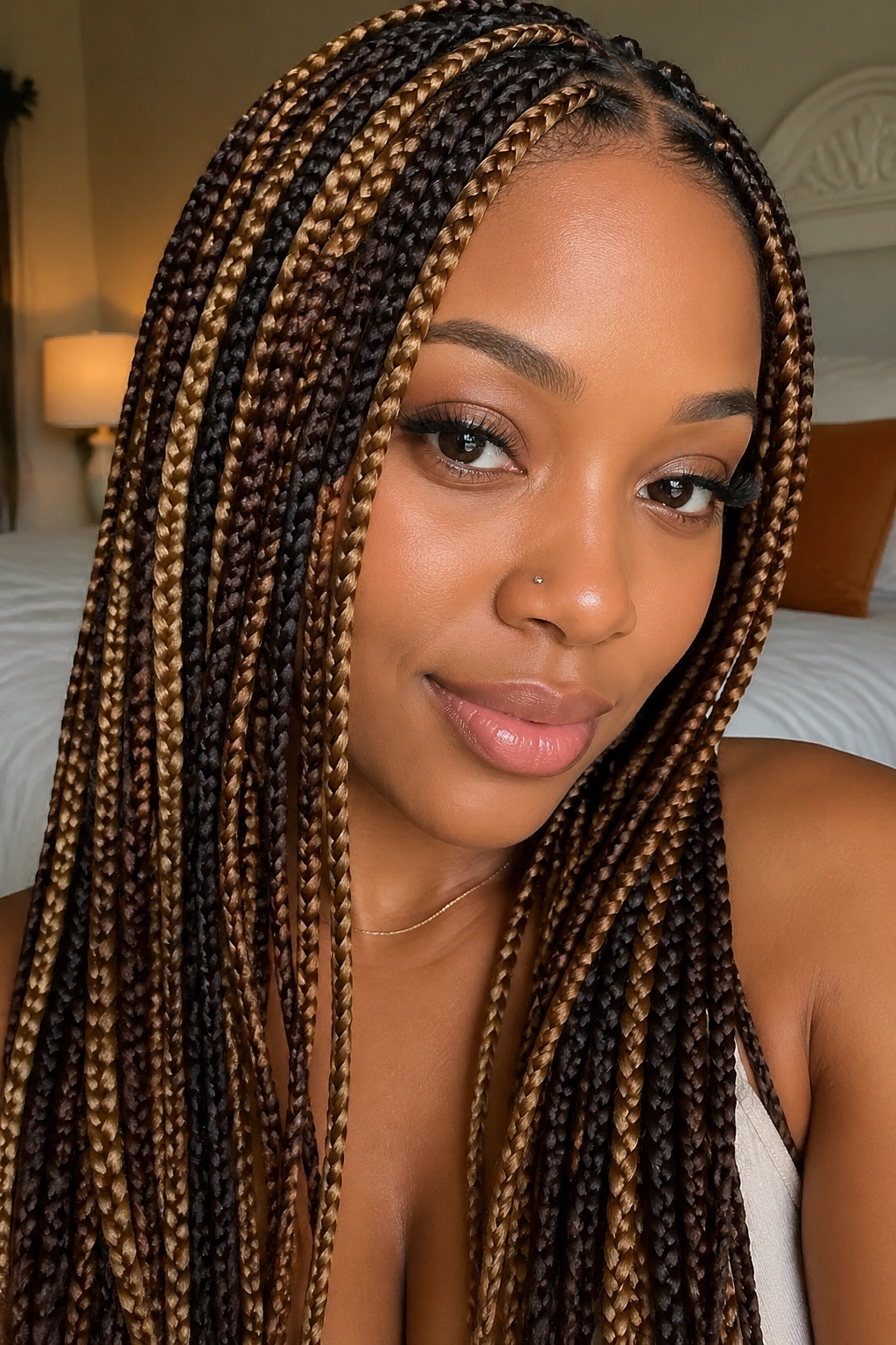 Close-up of a real woman with espresso brown and honey blonde knotless braids in natural window light.