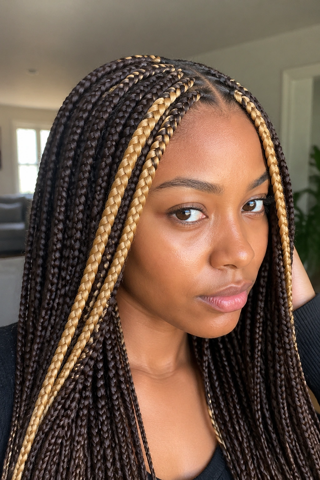 Close-up of a real person with face-framing blonde streaks on a brown-base knotless braid.