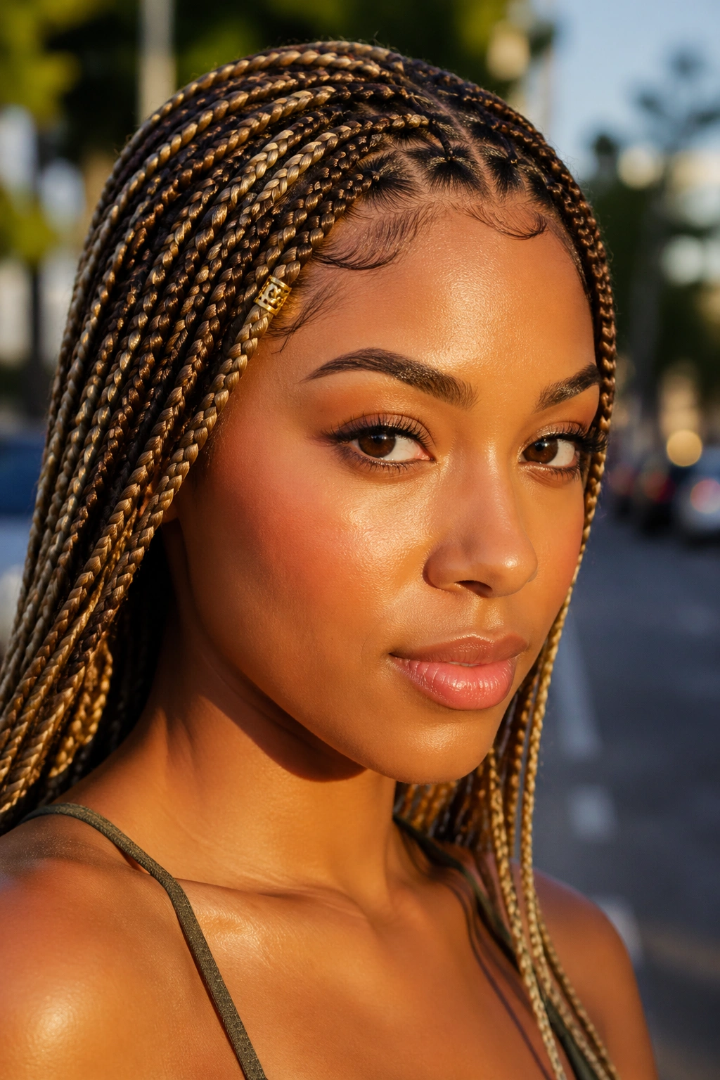 Close-up of a real woman with small blonde knotless braids and a gold cuff near the temple