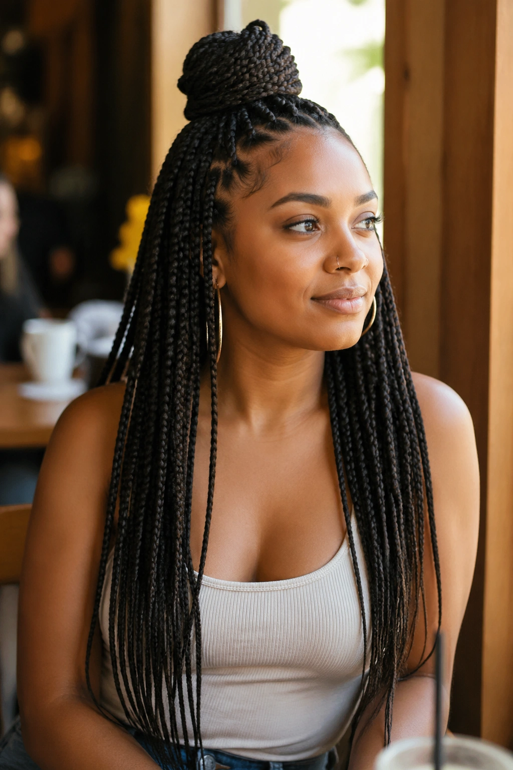Portrait of a woman with half-up top knot in knotless braids