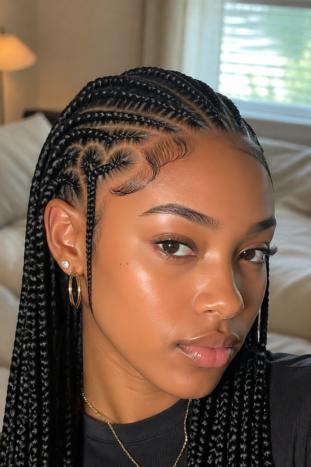 Close-up of tiny heart tucked along hairline in knotless box braids on a real woman