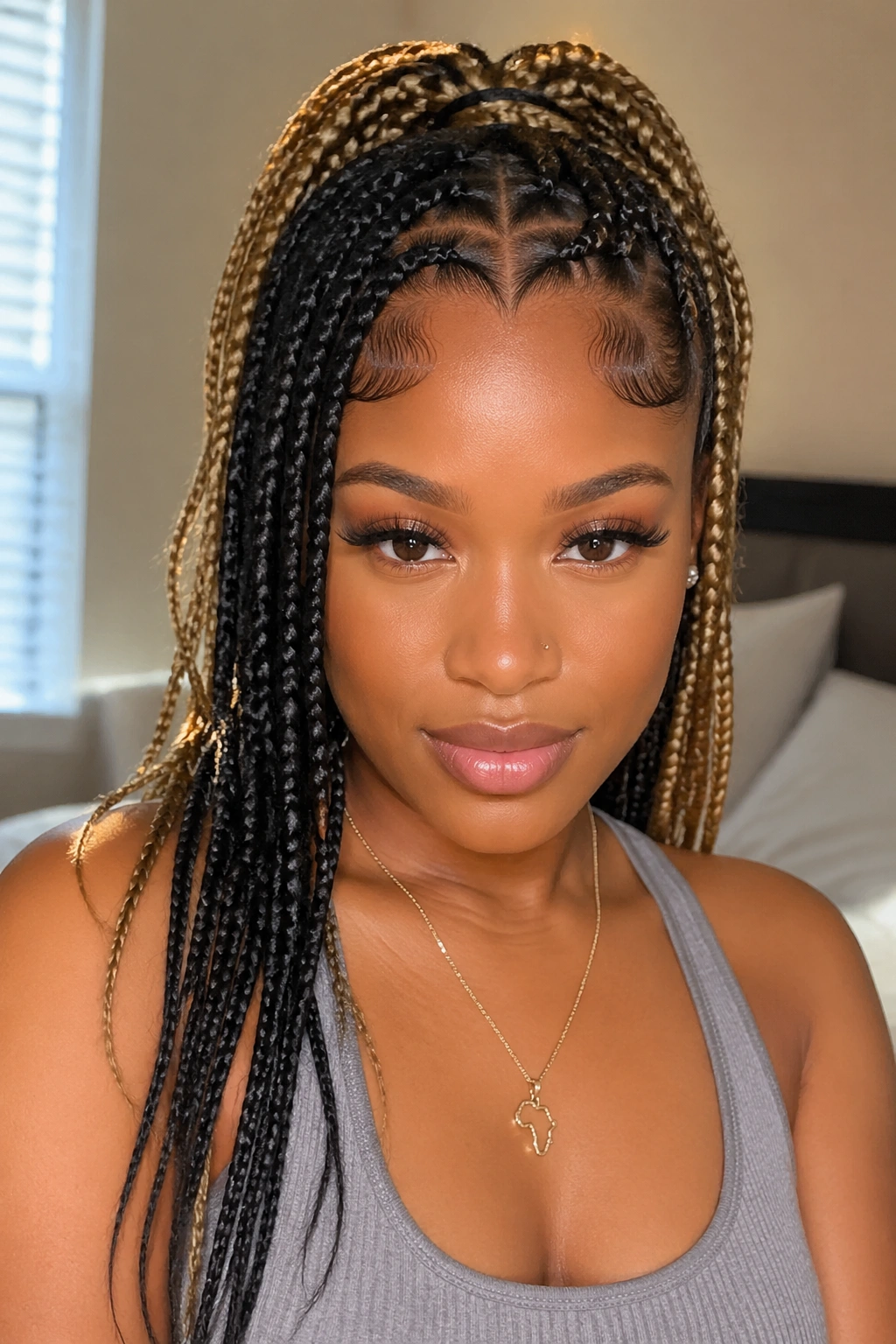 Close-up of knotless half-and-half braids with a soft curved heart at the hairline on a real woman