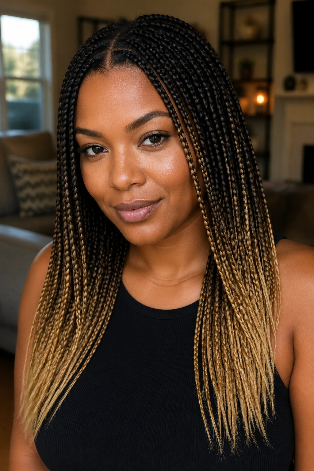 Close-up of a real woman with espresso-root knotless braids and honey-blonde ends