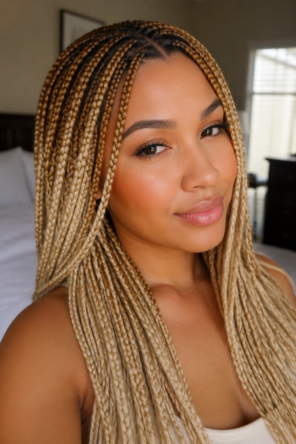 Close-up of a real person showing knotless braids with brown roots and soft blonde lengths.