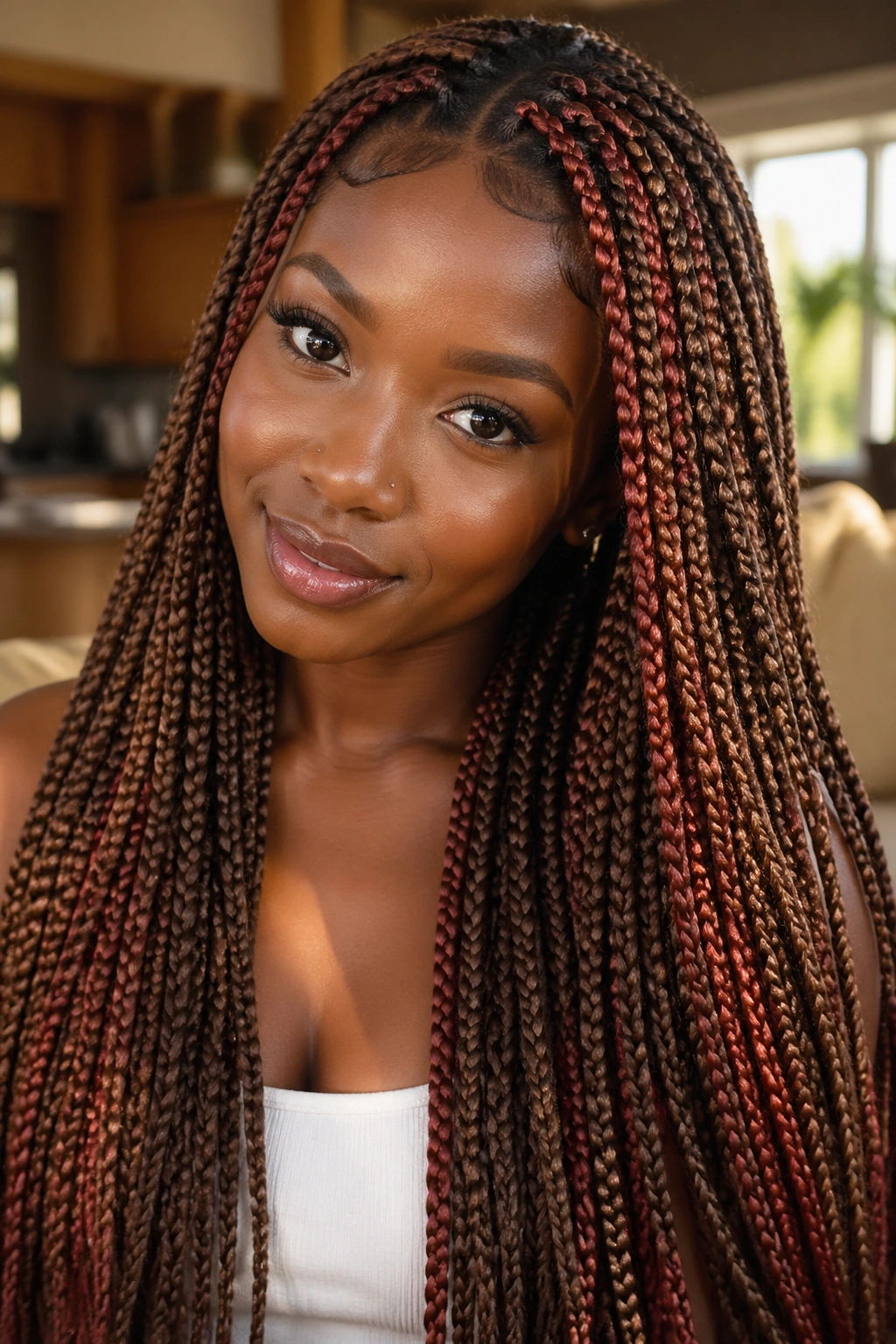 Close-up of real person with honey brown knotless braids and copper red streaks