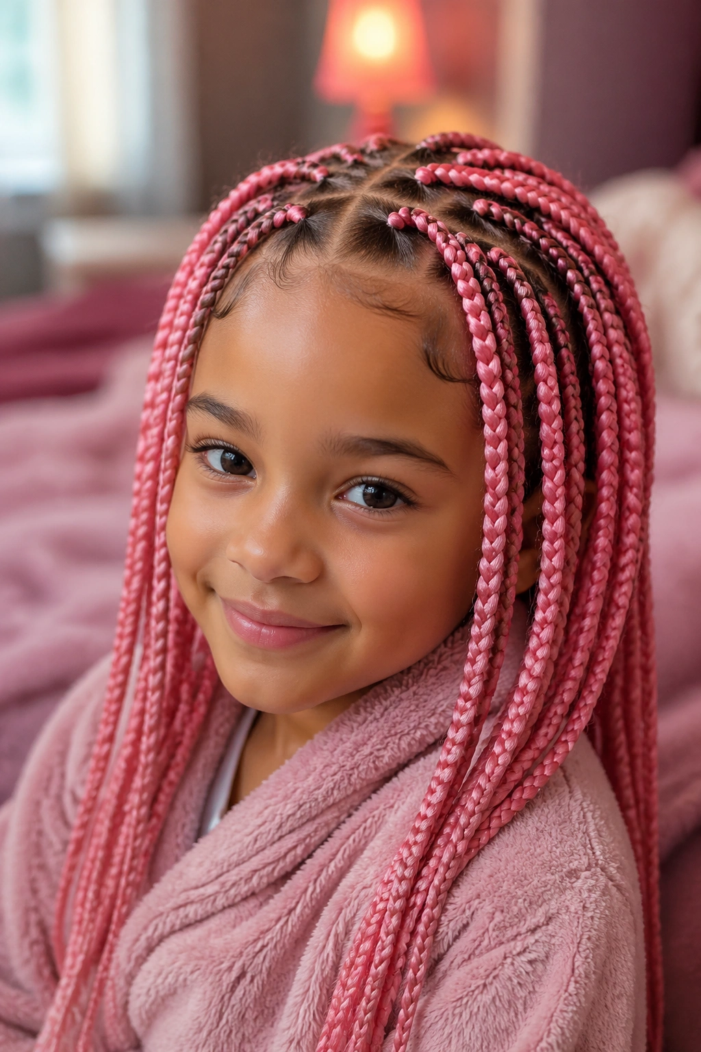 Real child with pink box braids and knotless base in a cozy bedroom.