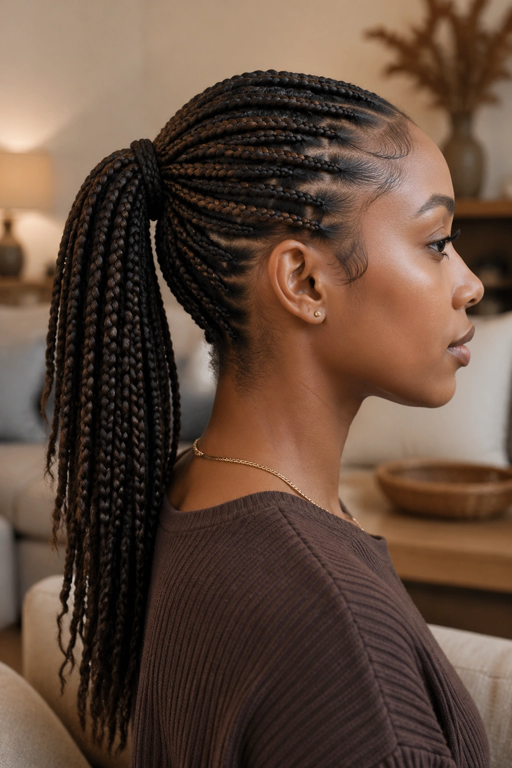 Side profile of real person with knotless braids pulled into a mid ponytail.