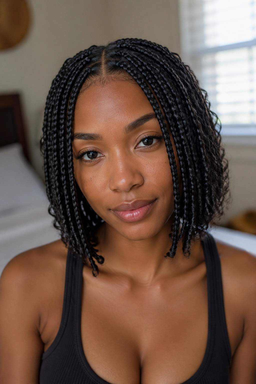 Close-up of a real woman with sleek middle-part short boho knotless braids, roots flat and face-framing curls.