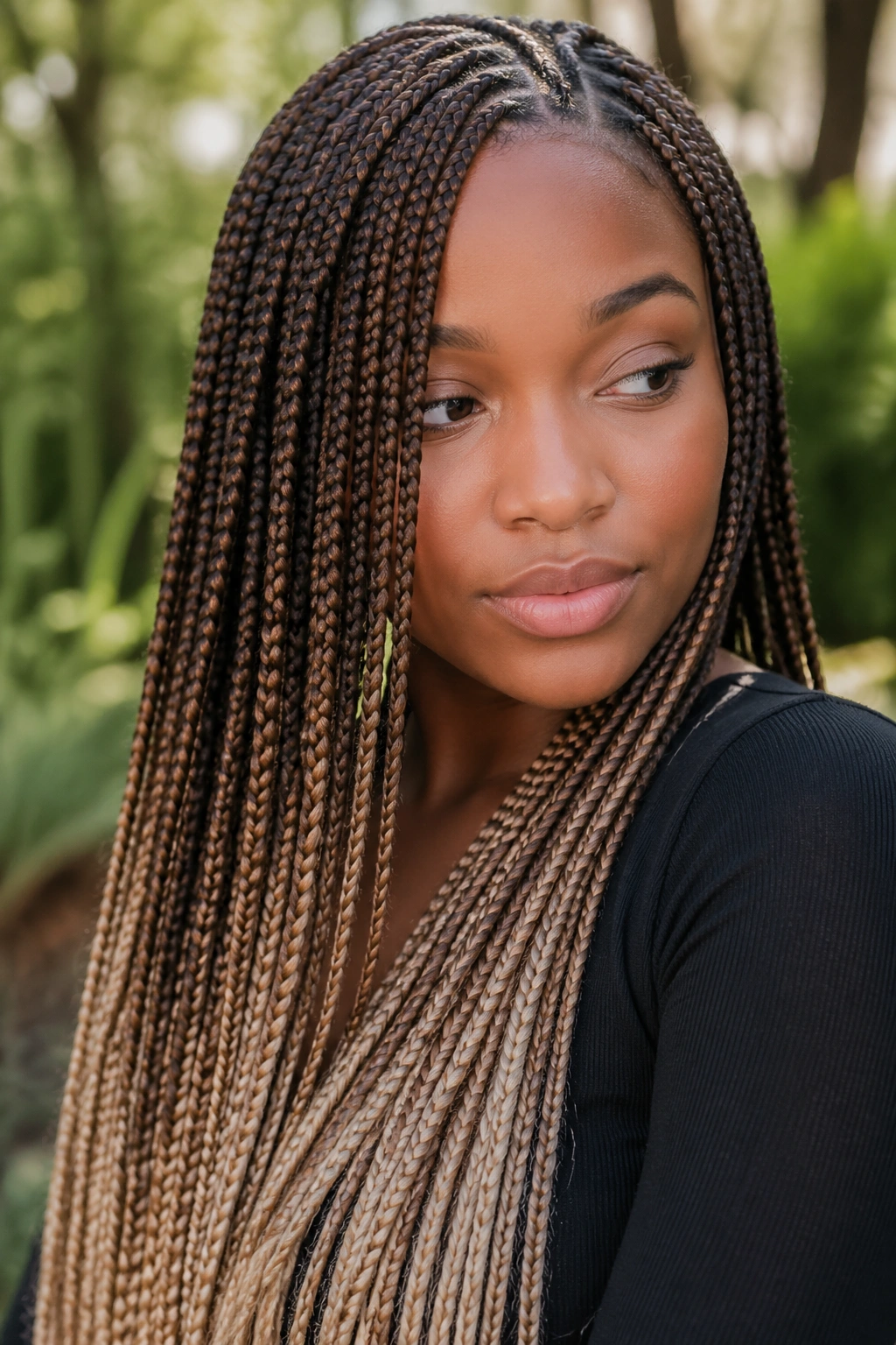 Close-up of a real person with mocha to sandy blonde knotless braids showing gradient.