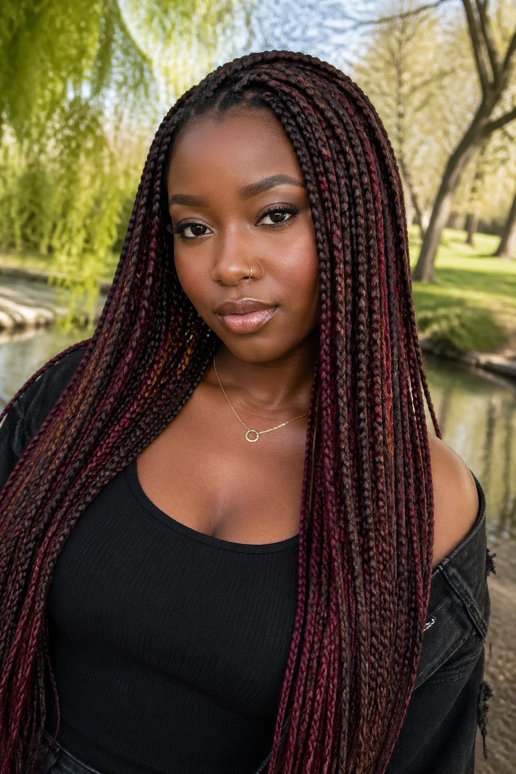 Close-up of real person with mocha and wine red waist-length knotless braids