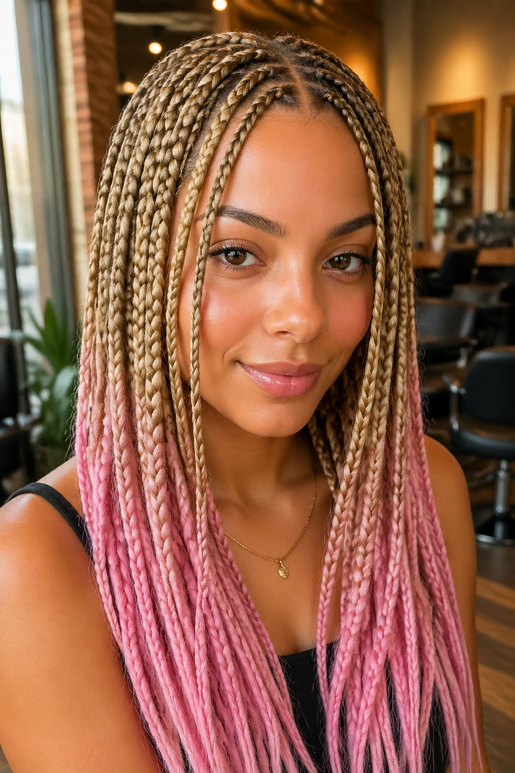 Close-up of a real woman with honey-blonde knotless box braids and pink ends in a salon.