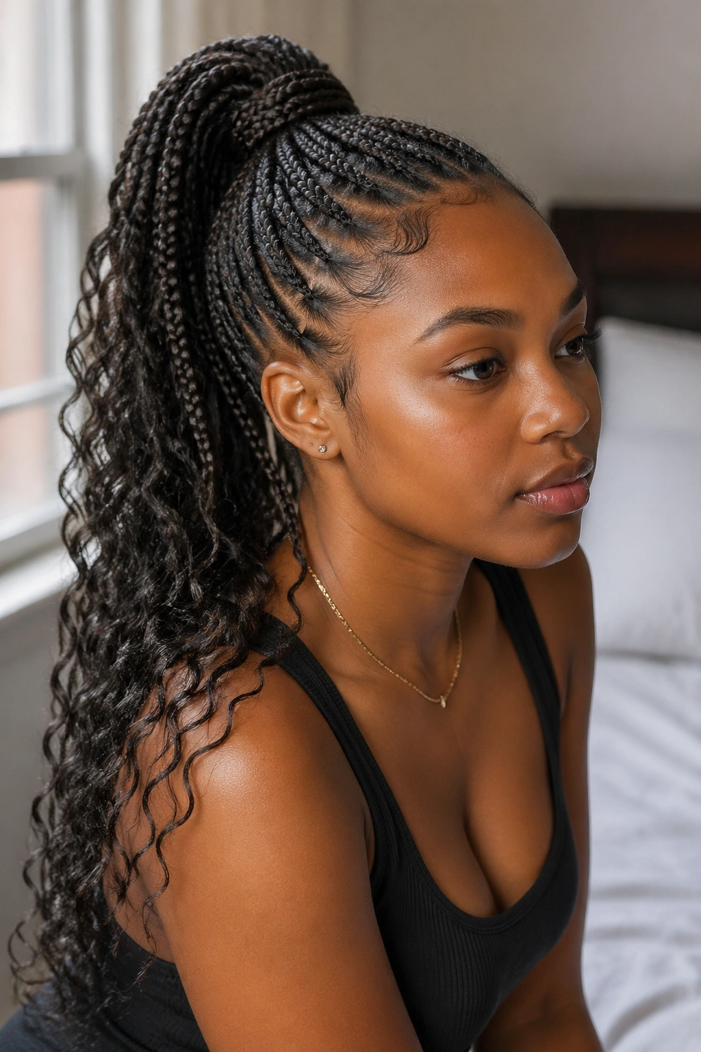 Close-up of wrapped knotless ponytail hairstyle on real person with braided ponytail and curly ends