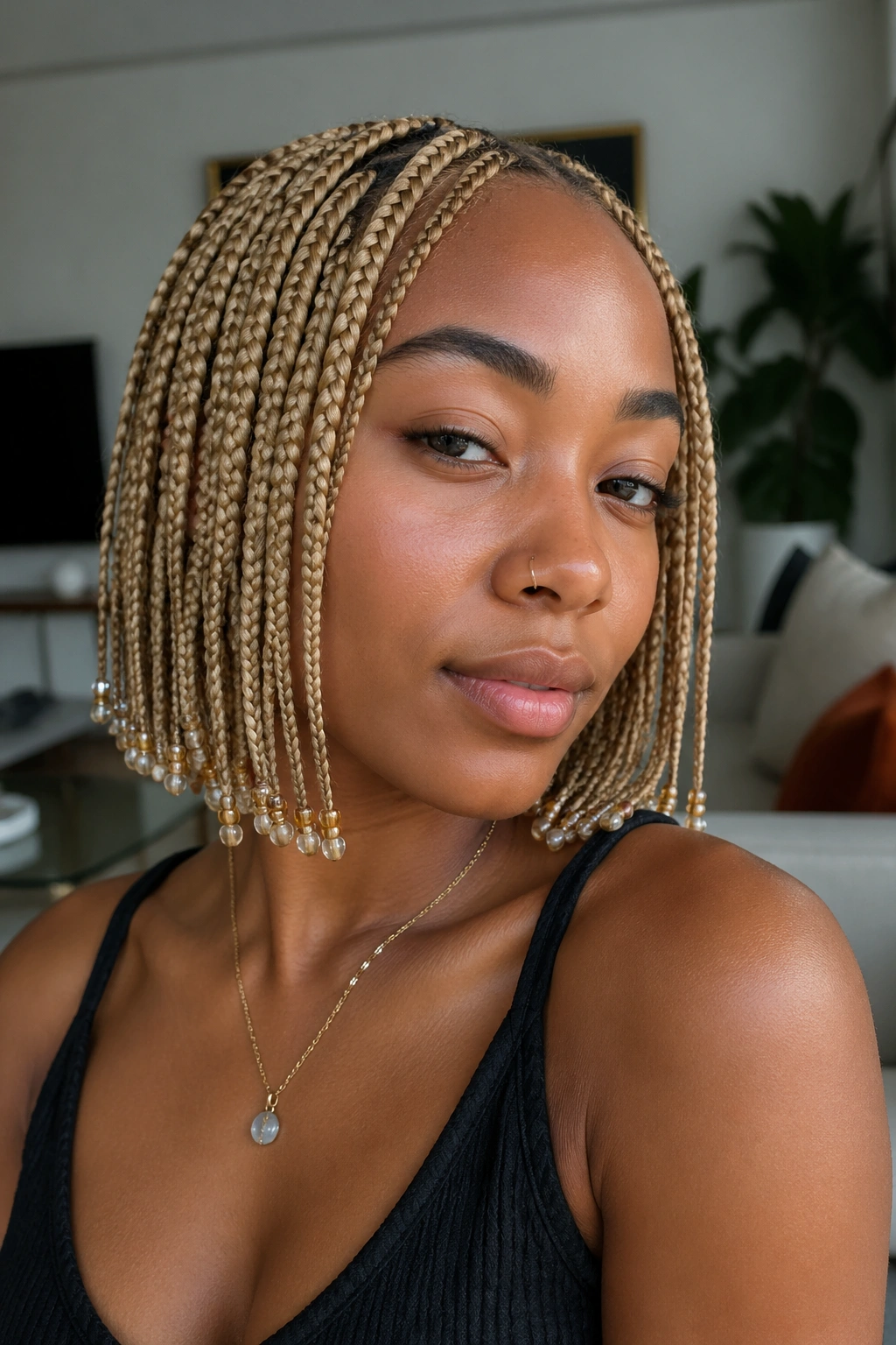 Close-up of a real person with knotless short blonde braids and seed beads