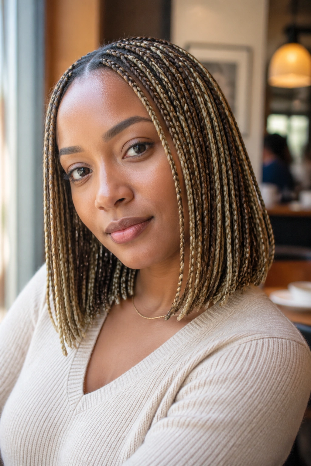 Close-up of a real woman with shoulder-length blonde and brown knotless braids