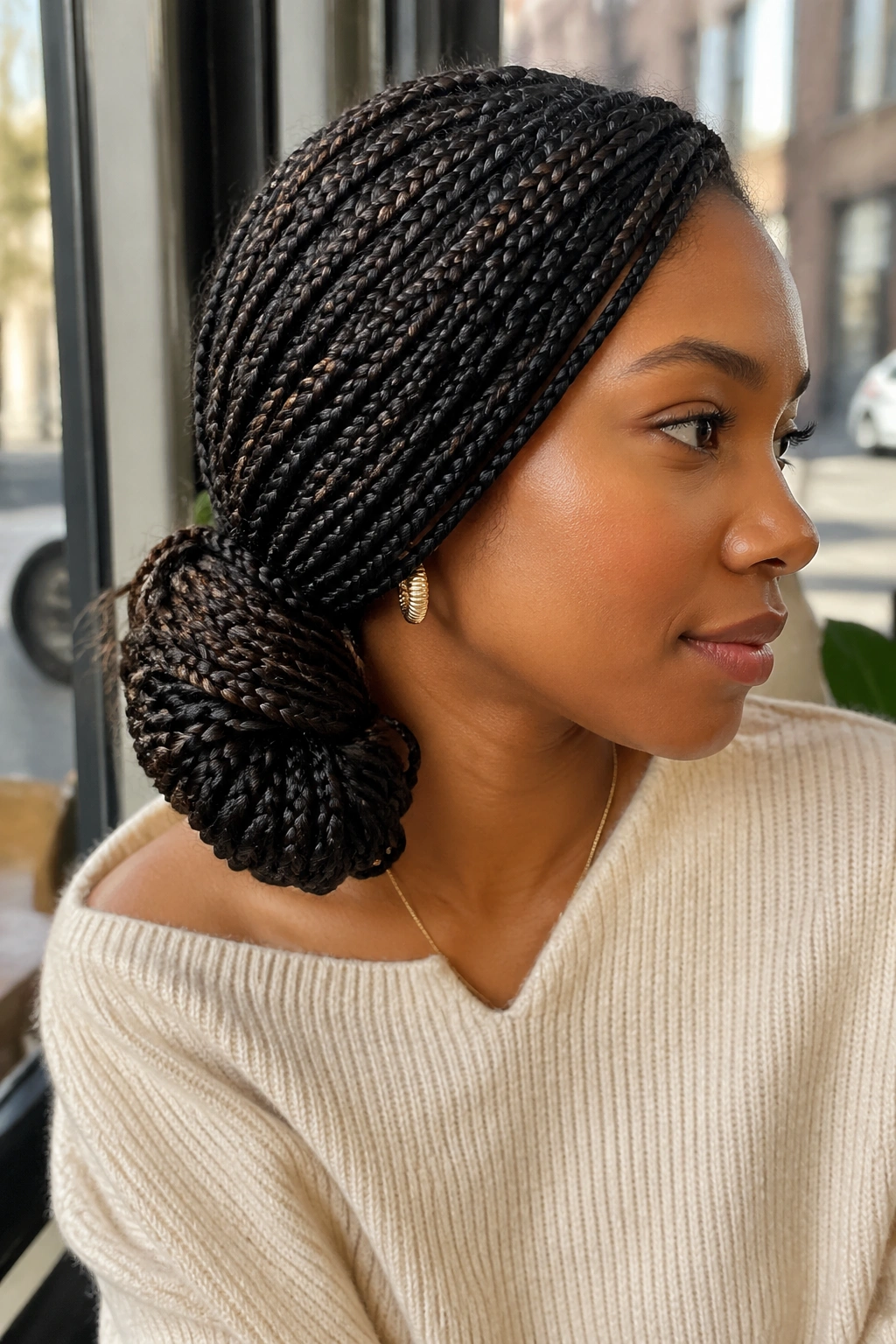 Profile of side-swept low knot with knotless braids