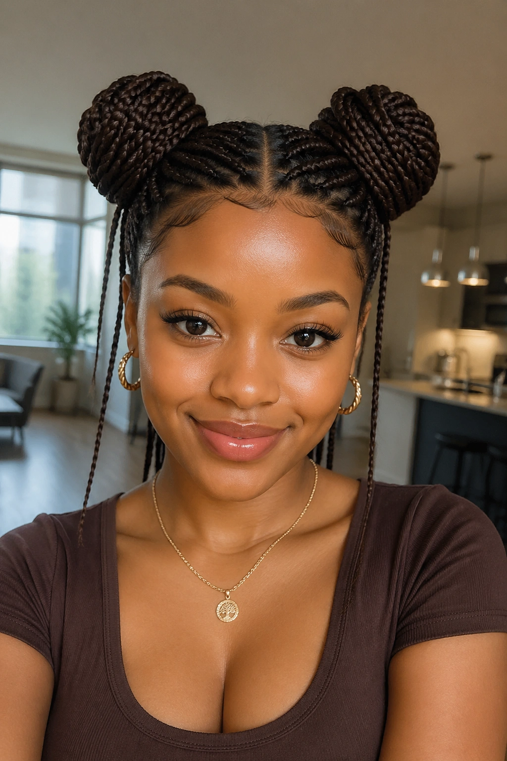 Front portrait of a woman with double space buns from knotless box braids