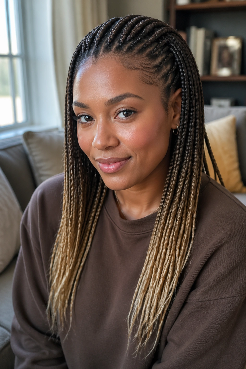 Close-up of knotless braids with tapered blonde tips on a real person.