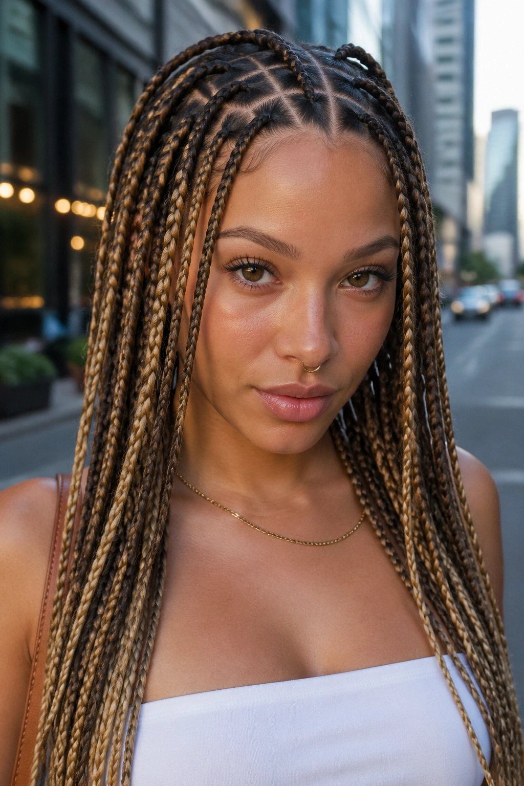 Close-up of a real woman with triangle-part blonde and brown knotless braids