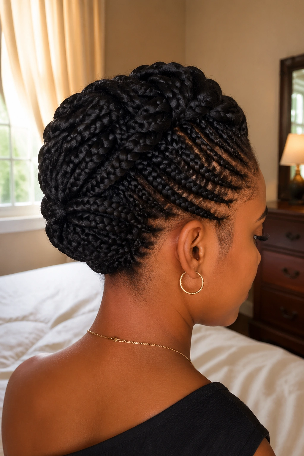 Back profile of rolled French Pin-Up knotless box braids updo on a real woman