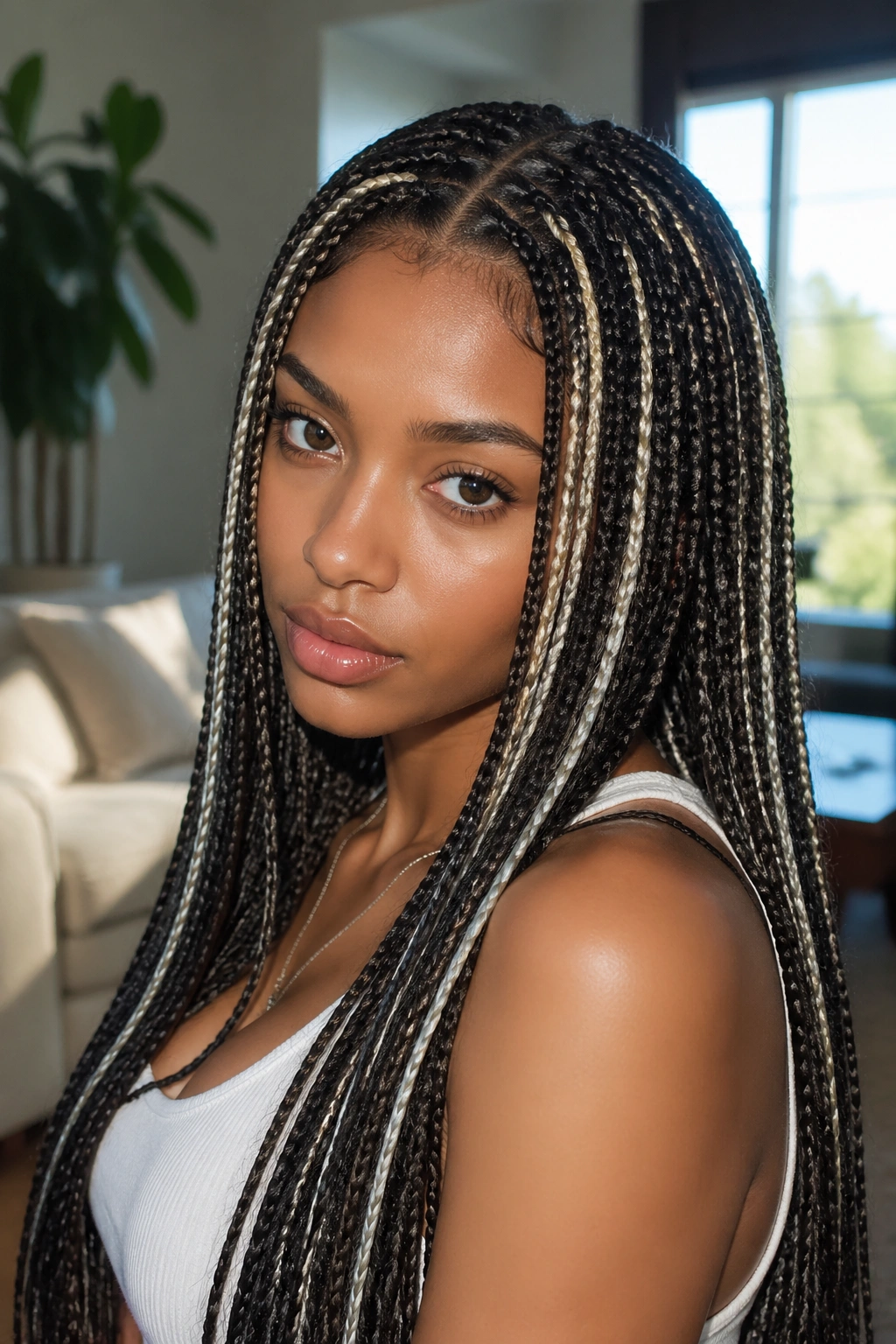 Close-up of knotless braids with white streaks on a real person in a bright living room