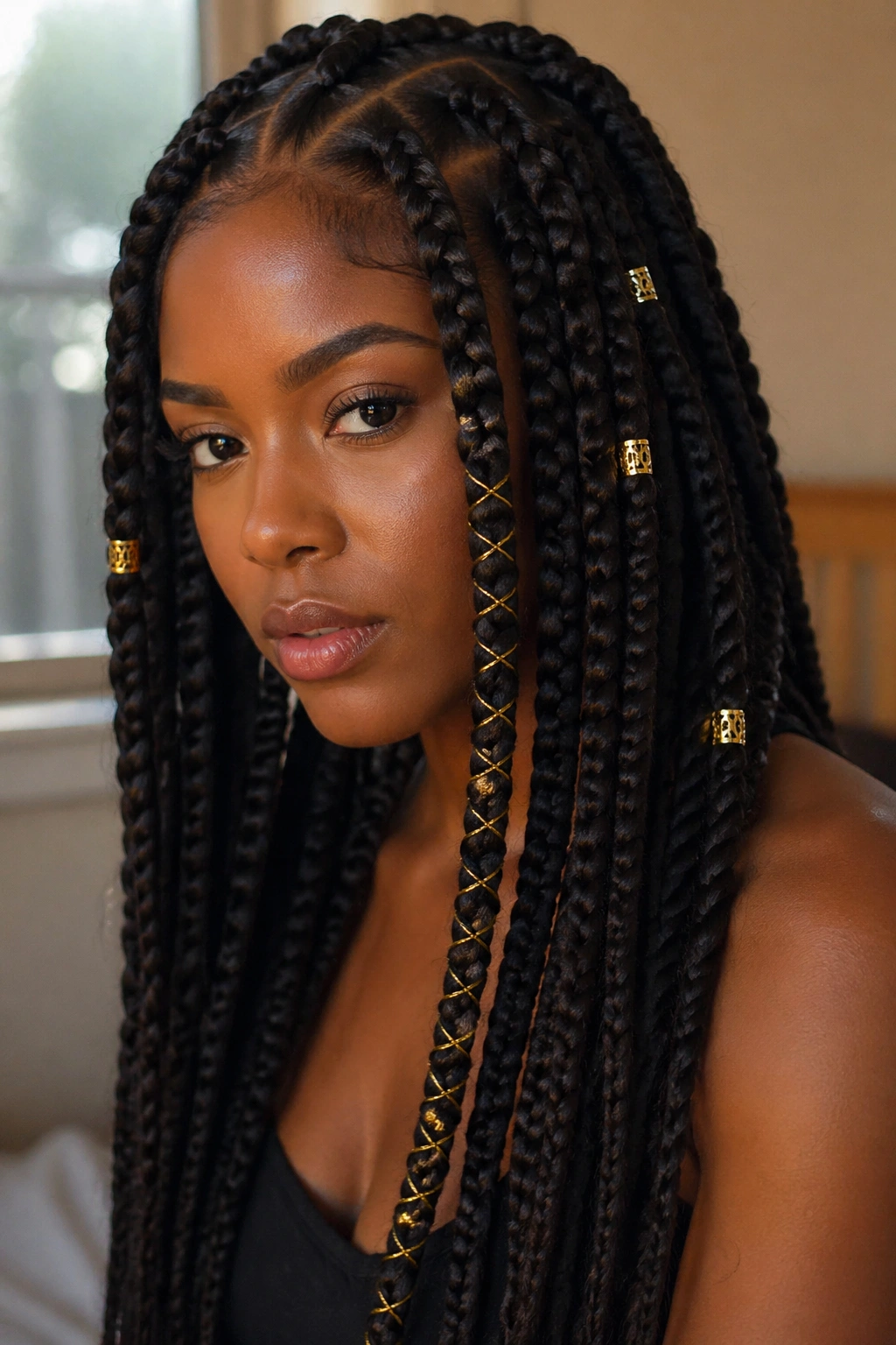 Close-up of a real woman with jumbo knotless box braids showing thread wraps and gold cuffs on select braids.