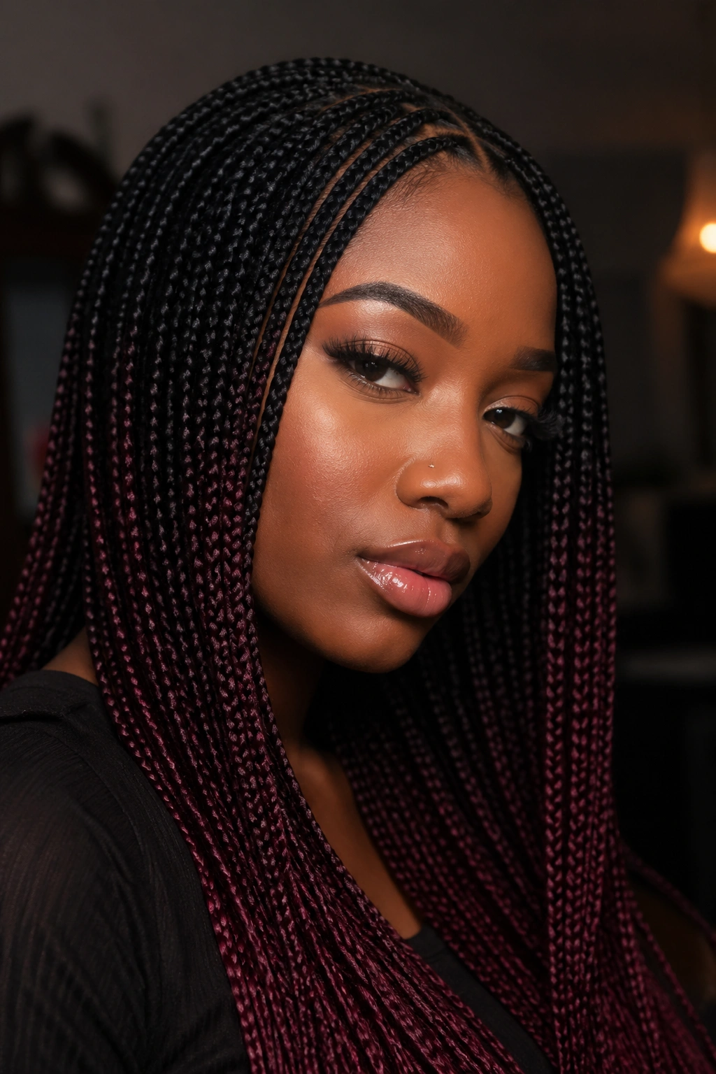 Knotless box braids with burgundy tips on a real person in moody indoor lighting