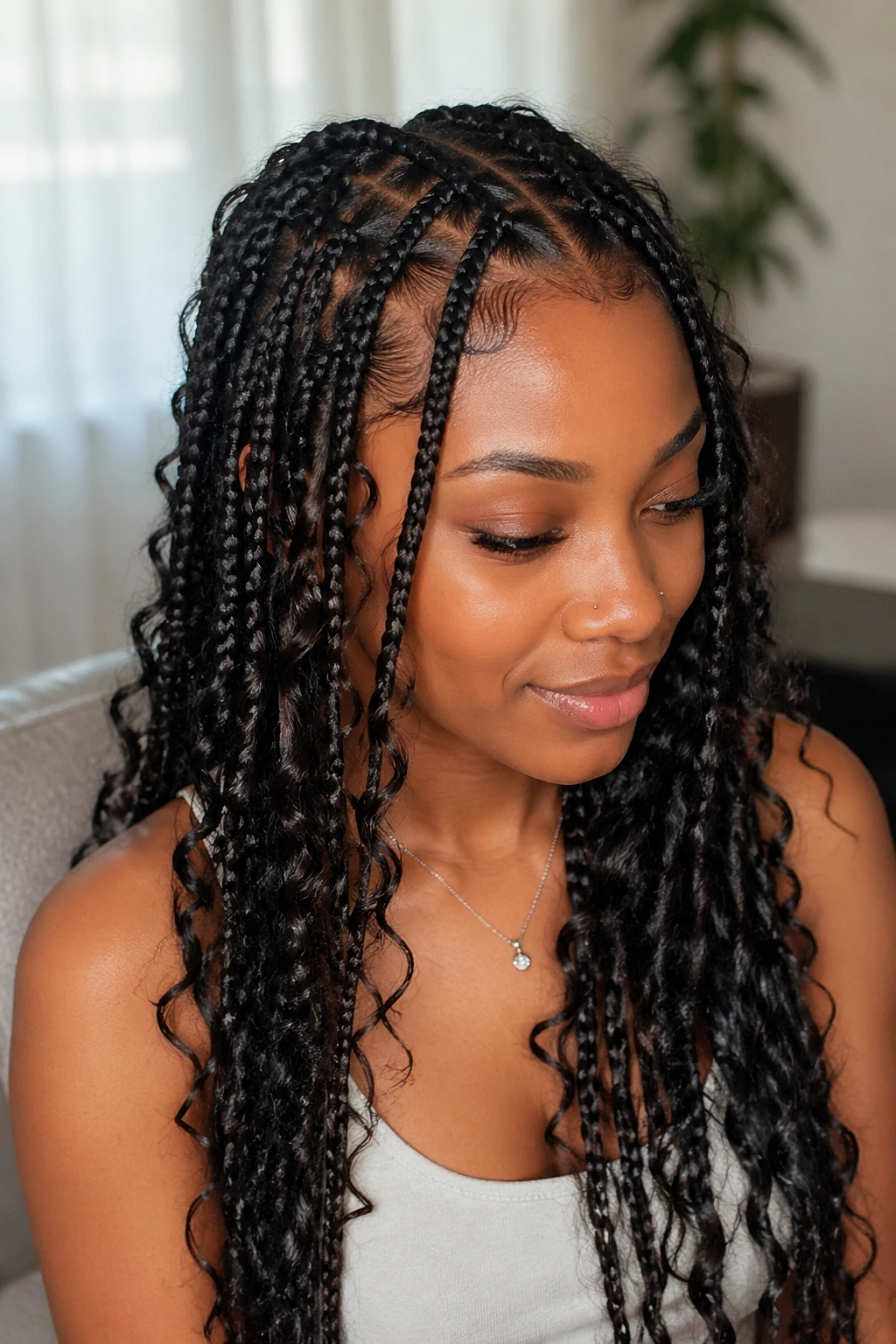 Close-up of knotless butterfly braids on a real person with smooth roots