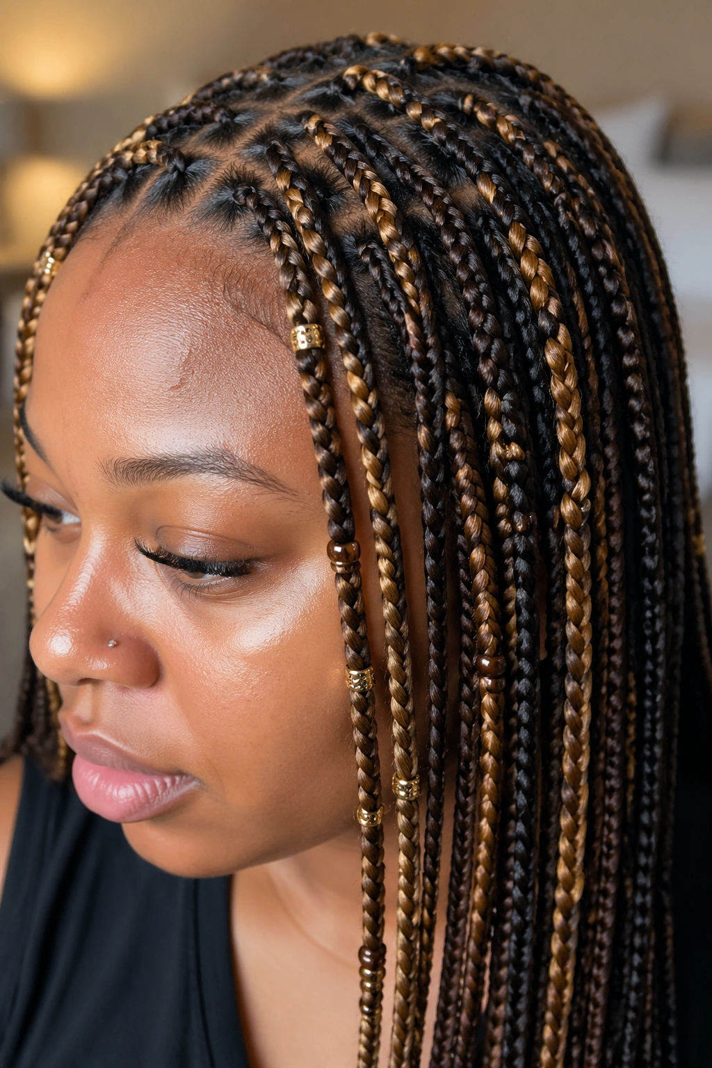Close-up of knotless caramel braids with small seed beads
