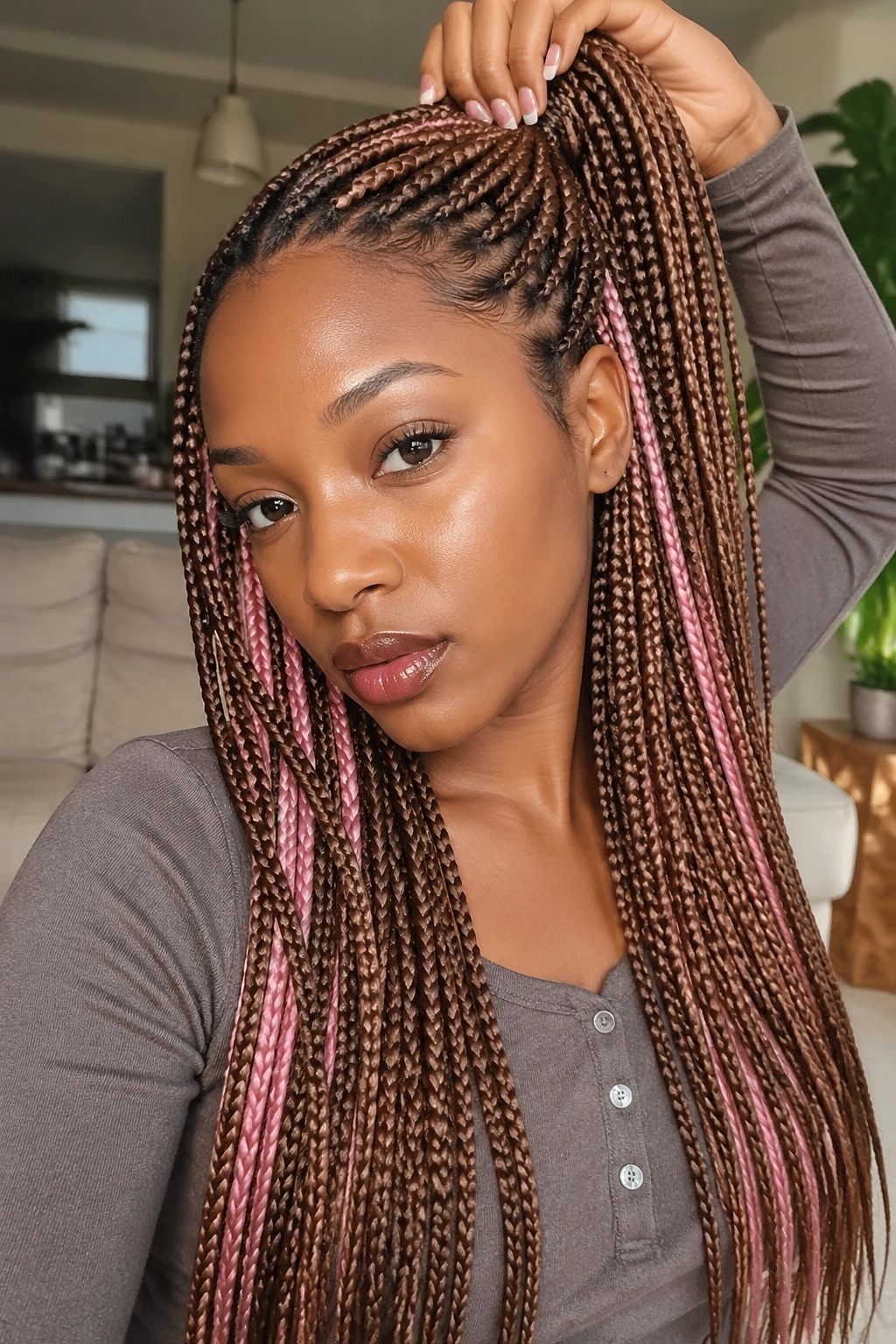 Close-up of caramel brown knotless braids with blush underlights on a real person.