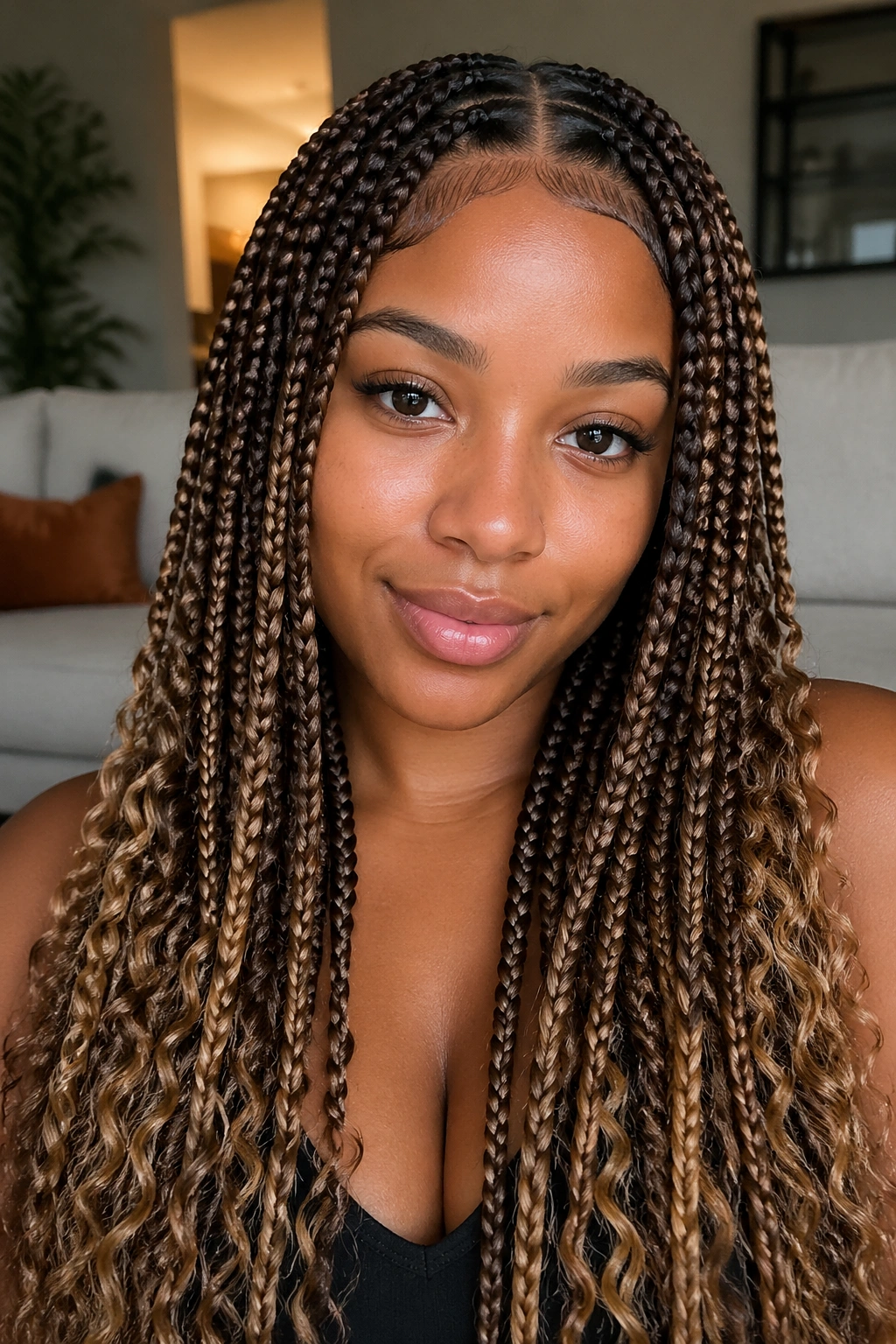 Close-up knotless chestnut braids with sandy ends