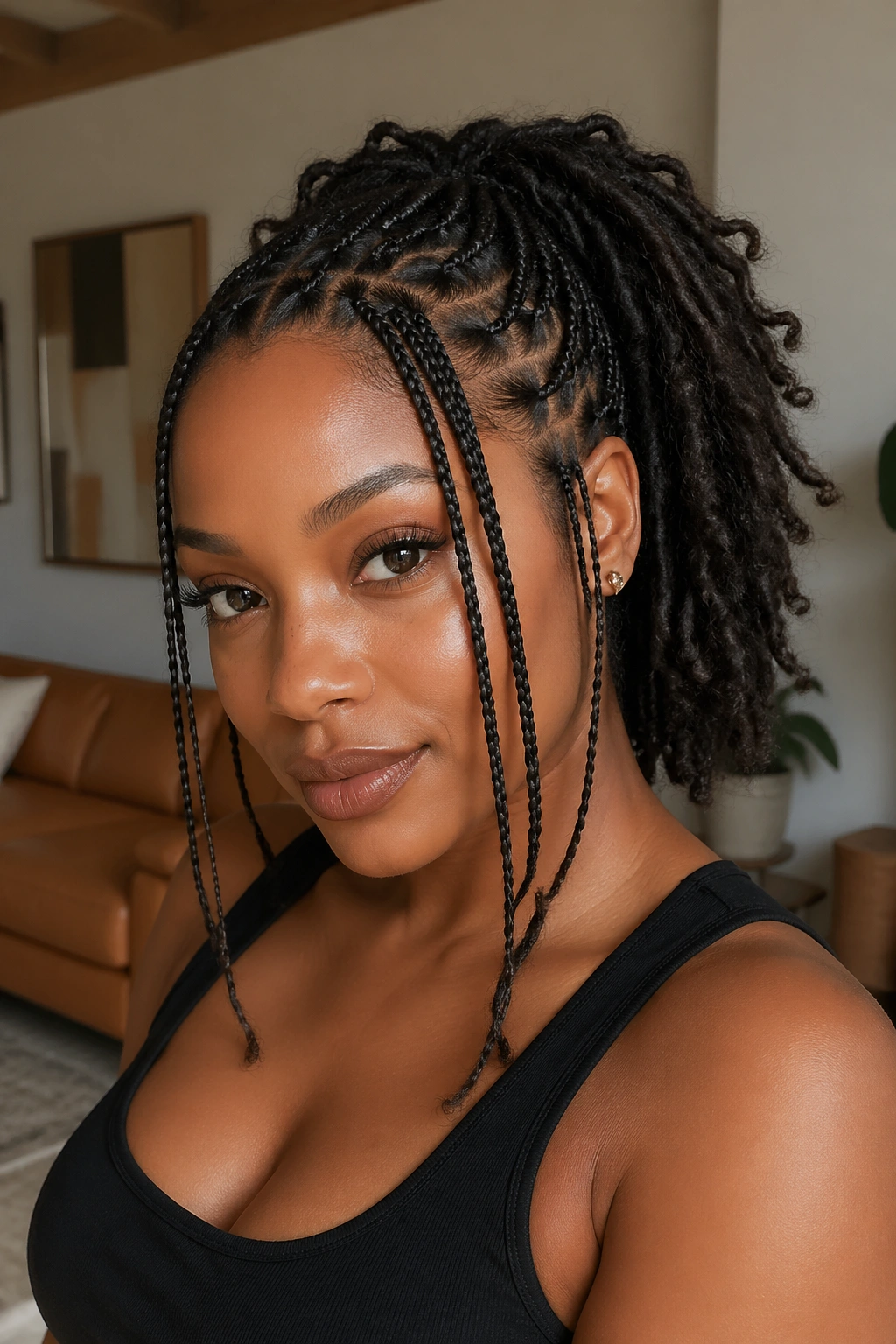 Portrait of a real woman with knotless front braids and faux locs at the back