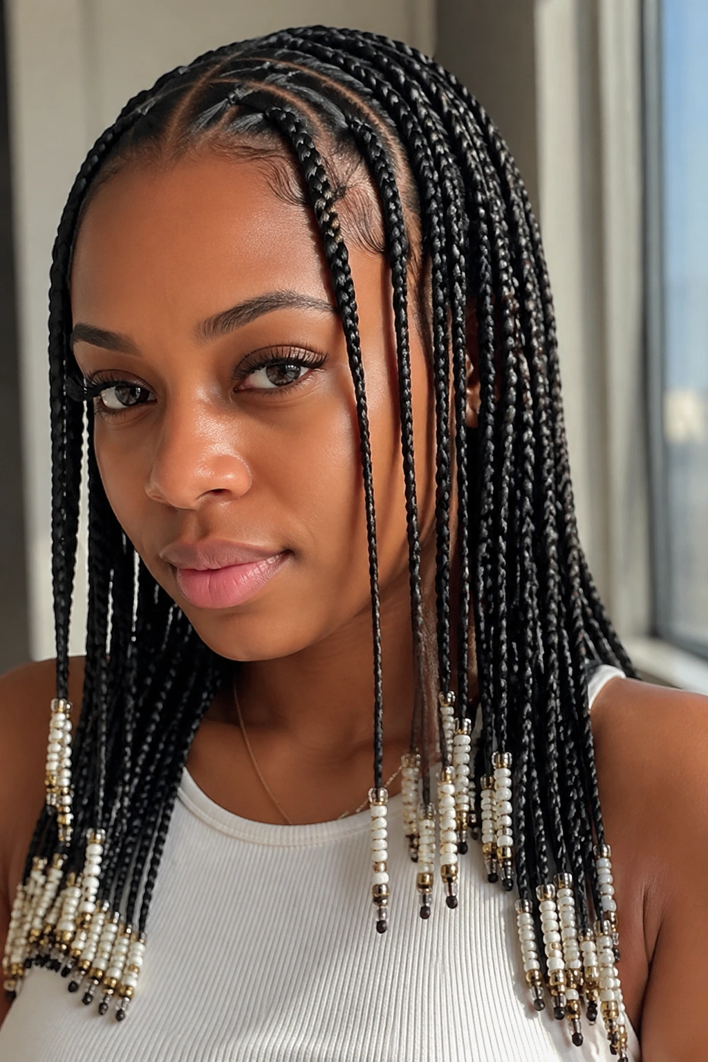 Close-up of a real woman with knotless Fulani braids and seed-bead tips