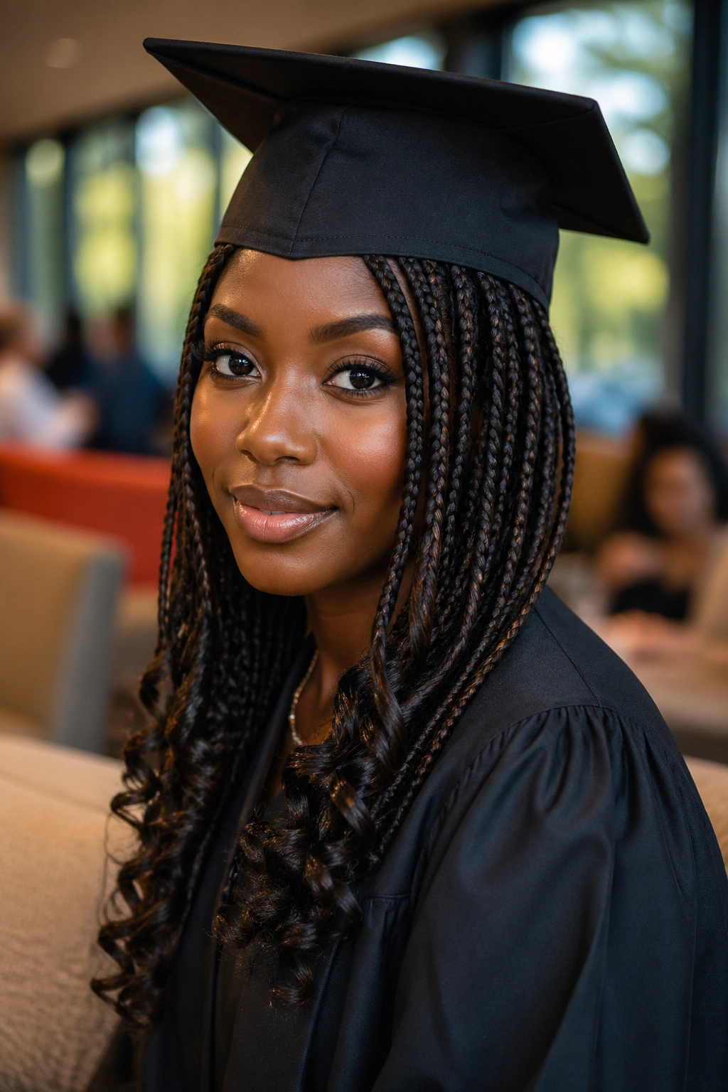 Knotless graduation braids with curled ends under a cap
